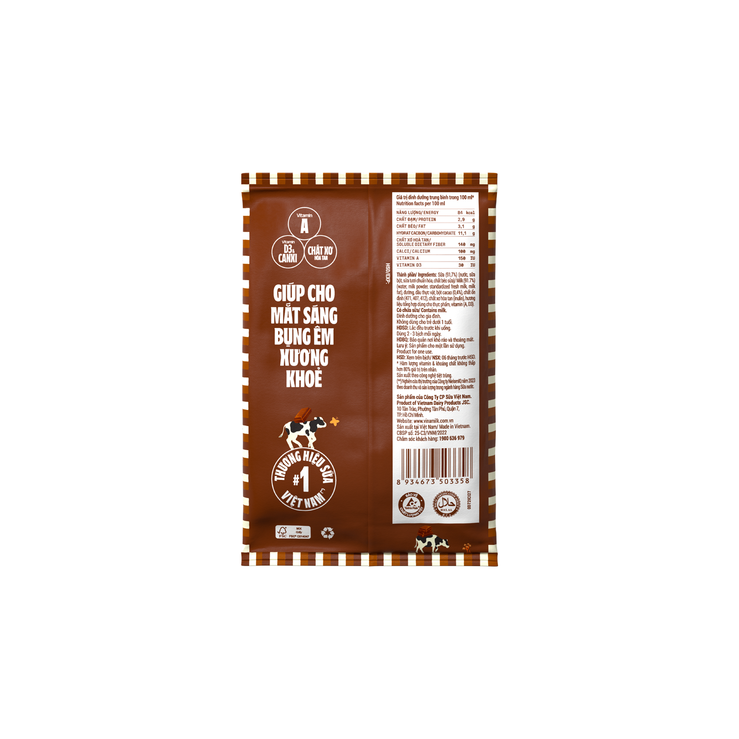 Sữa tươi dinh dưỡng Vinamilk hương Sôcôla  bịch 220 ml ( 1 Thùng / 48 bịch )